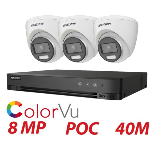 8MP 4-Channel Hikvision ColorVu System with 3x 24/7 Colour PoC Cameras - DVR Camera Kit