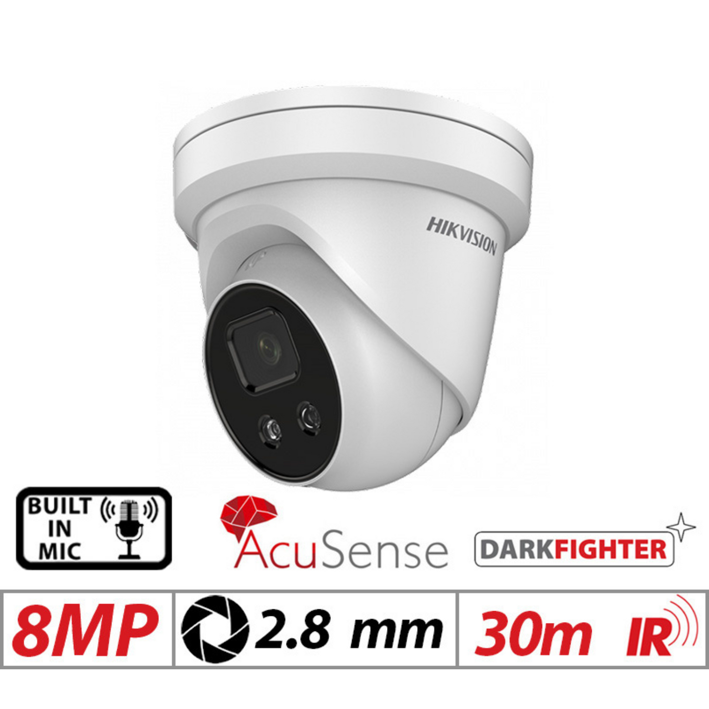 8MP Hikvision Darkfighter AcuSense Fixed Turret IP Network Camera with Built-in Mic 2.8mm White DS-2CD2386G2-IU