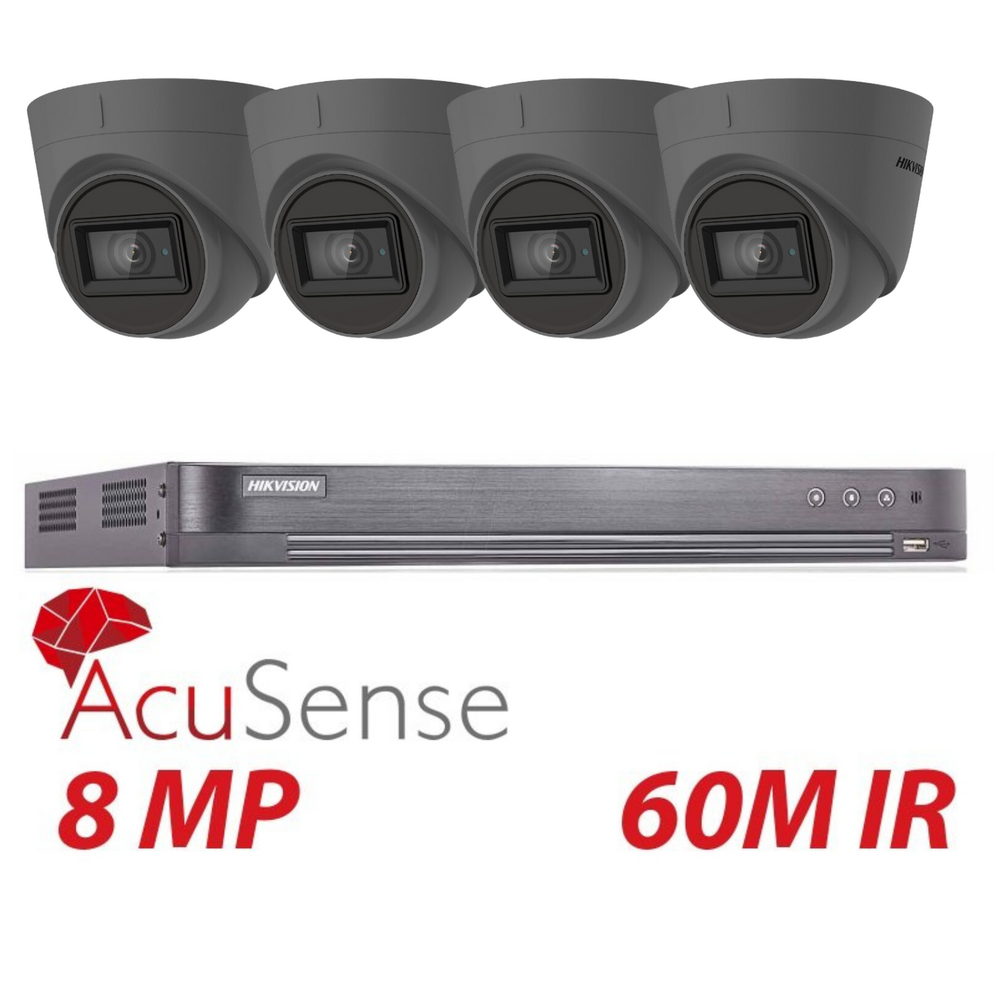 8MP Hikvision Dome Camera Kit with 4x 60m EXIR 4K Cameras and Turbo Acusense DVR