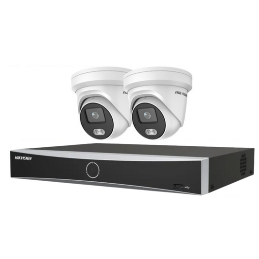 Hikvision CCTV kit, 2 x 4mp Smart Hybrid Colorvu IP Poe cameras with Audio, 1 x 4 Channel NVR