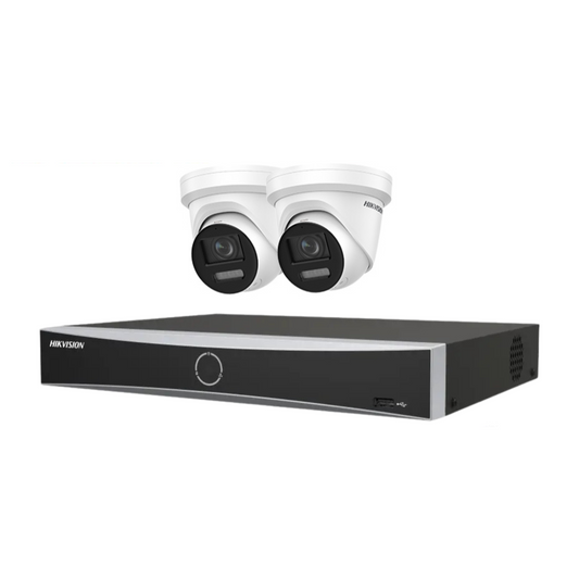 Hikvision CCTV kit, 2 x 8mp Smart Hybrid Colorvu Acusense IP POE and Audio cameras, 1 x 4 Channel POE NVR