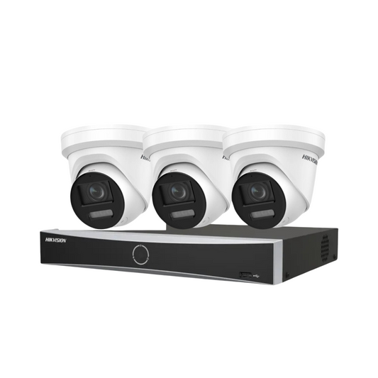 Hikvision CCTV kit, 3 x 8mp Smart Hybrid Colorvu Acusense IP POE and Audio cameras, 1 x 4 Channel POE NVR