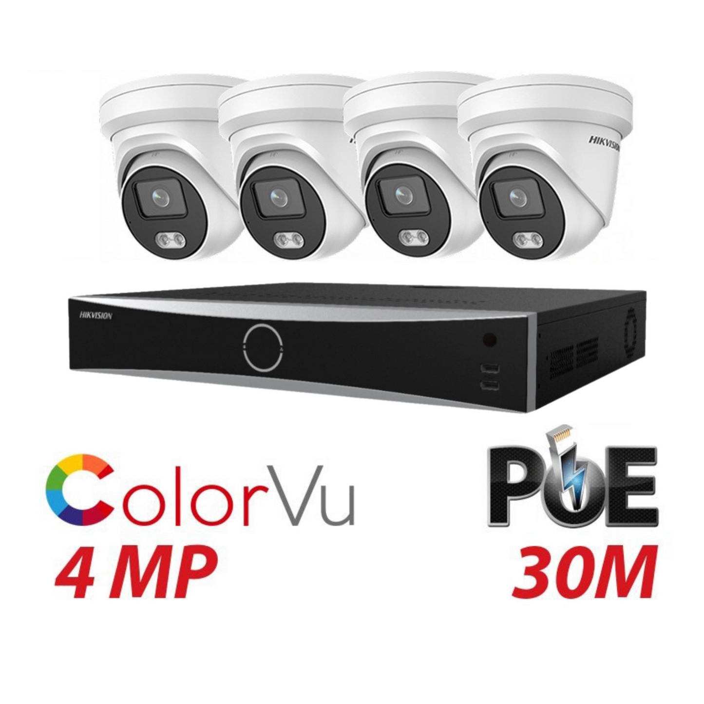 Hikvision CCTV kit, 4 x 4mp Smart Hybrid Colorvu IP Poe cameras with Audio, 1 x 4 Channel NVR