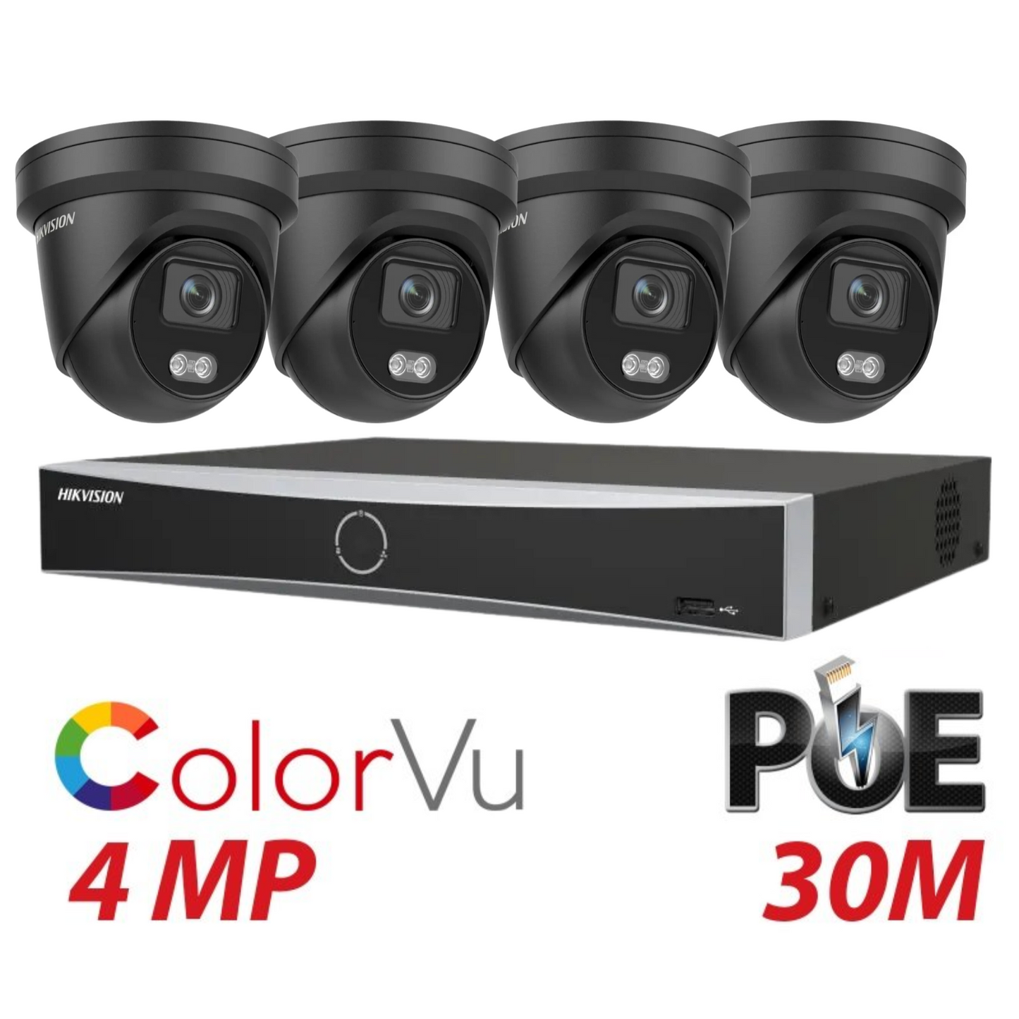 Hikvision CCTV kit, 4 x 4mp Smart Hybrid Colorvu IP Poe cameras with Audio, 1 x 4 Channel NVR
