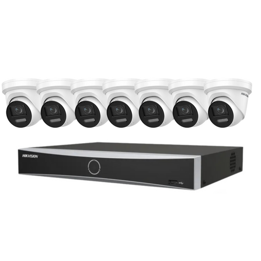 Hikvision CCTV kit, 7 x 8mp Smart Hybrid Colorvu Acusense IP POE and Audio cameras, 1 x 8 Channel POE NVR