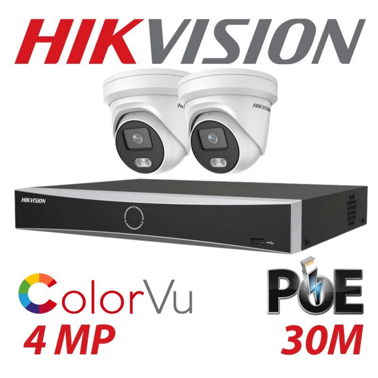 Hikvision CCTV kit, 2 x 4mp Colorvu IP Poe cameras with Audio, 1 x 4 Channel NVR