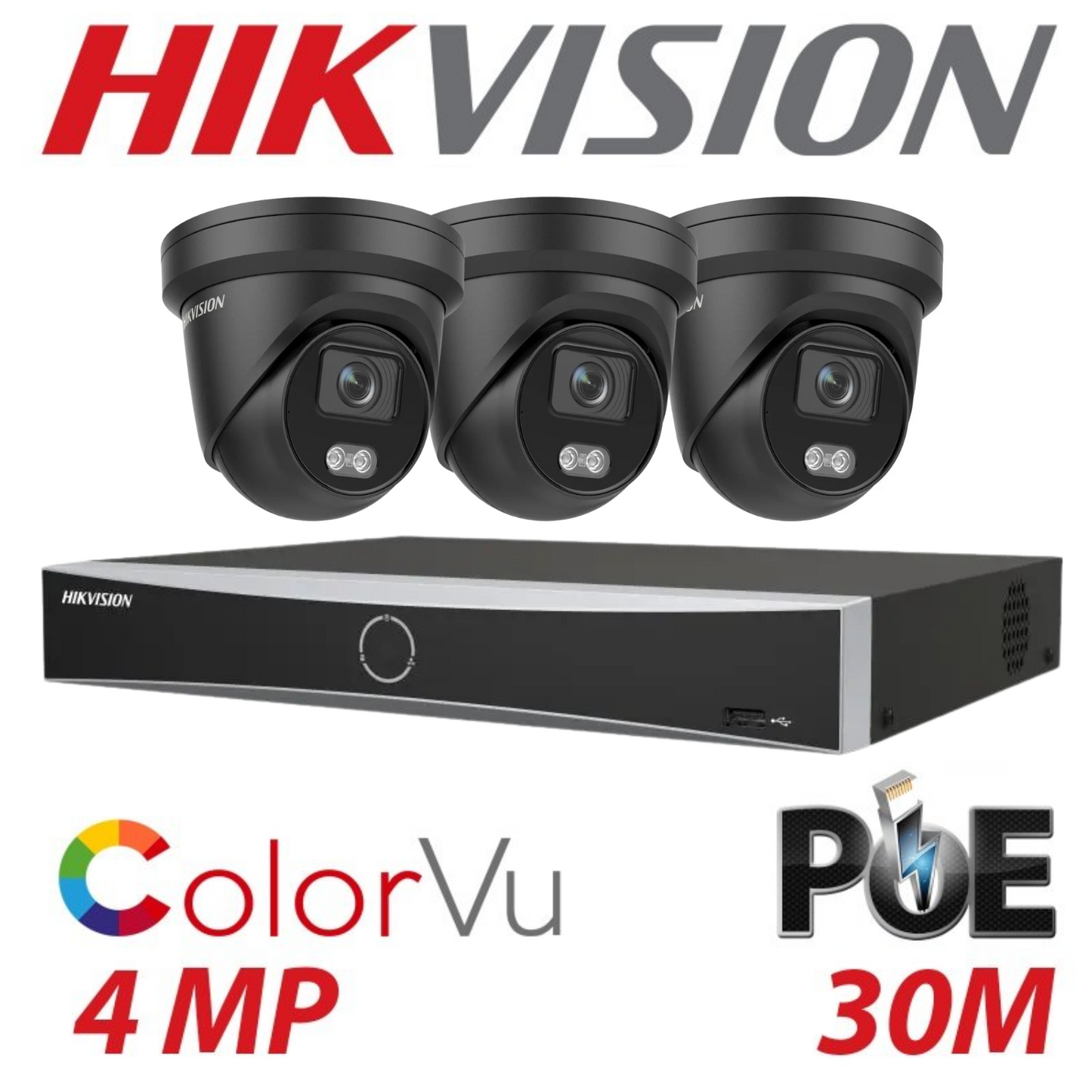 Hikvision CCTV kit, 3 x 4mp Colorvu IP Poe cameras with Audio, 1 x 4 Channel NVR