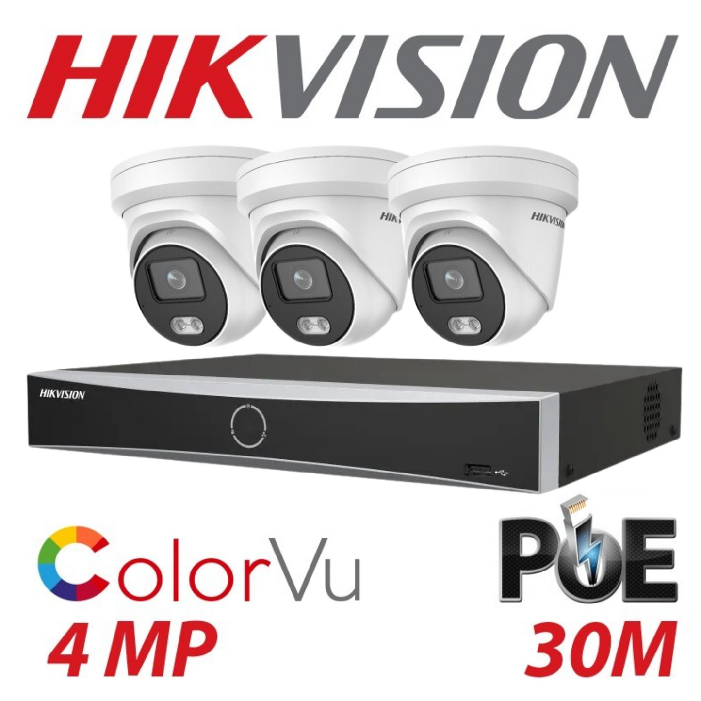 Hikvision CCTV kit, 3 x 4mp Colorvu IP Poe cameras with Audio, 1 x 4 Channel NVR
