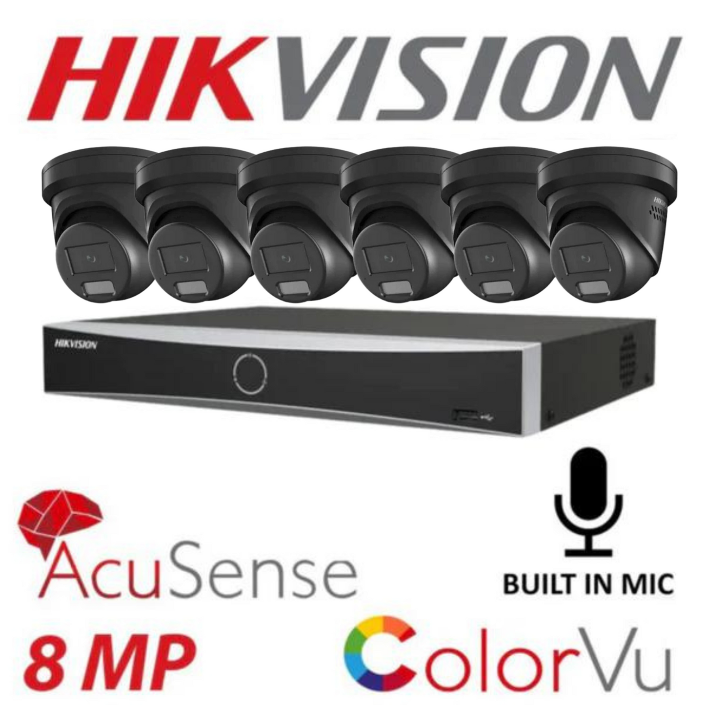 Hikvision CCTV kit, 6 x 8mp Smart Hybrid Colorvu Acusense IP POE and Audio cameras, 1 x 8 Channel POE NVR