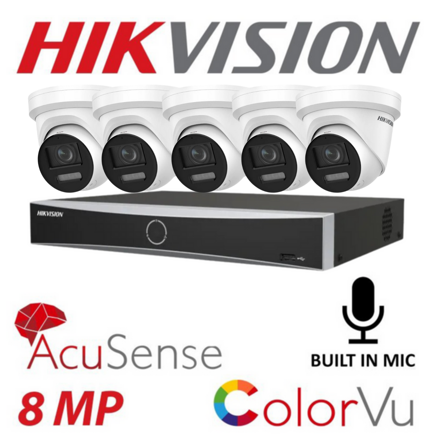 Hikvision CCTV kit, 5 x 8mp Colorvu Acusense IP POE and Audio cameras, 1 x 8 Channel POE NVR