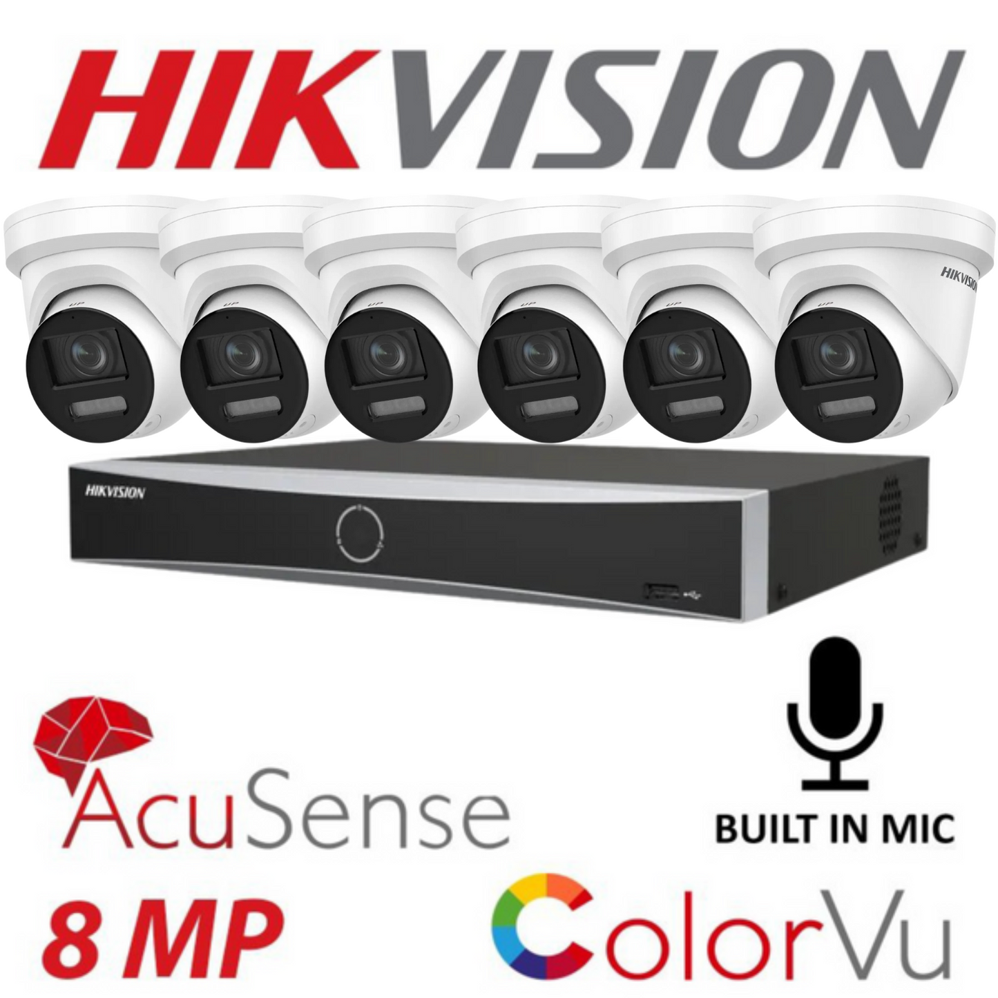 Hikvision CCTV kit, 6 x 8mp Colorvu Acusense IP POE and Audio cameras, 1 x 8 Channel POE NVR
