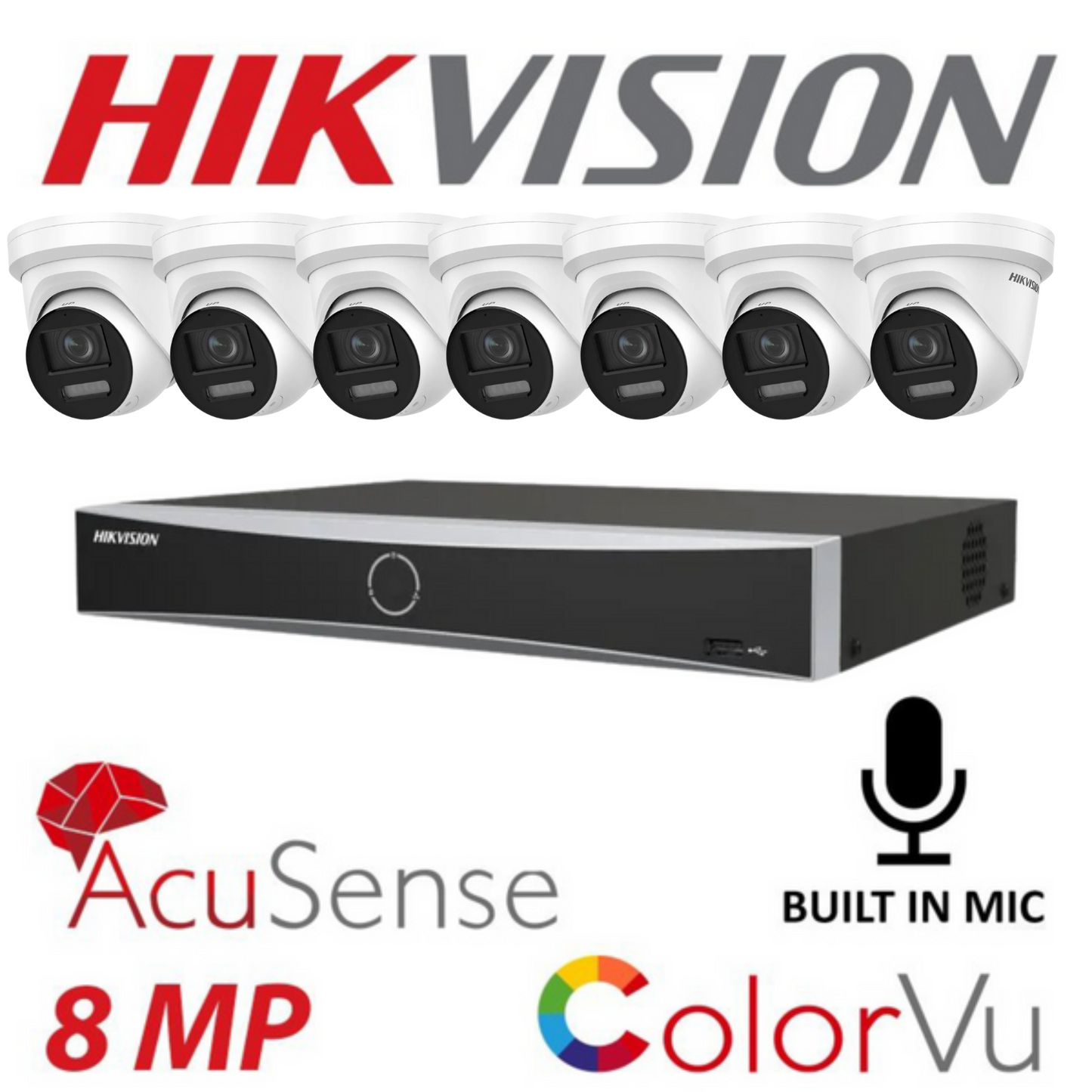 Hikvision CCTV kit, 7 x 8mp Colorvu Acusense IP POE and Audio cameras, 1 x 8 Channel POE NVR