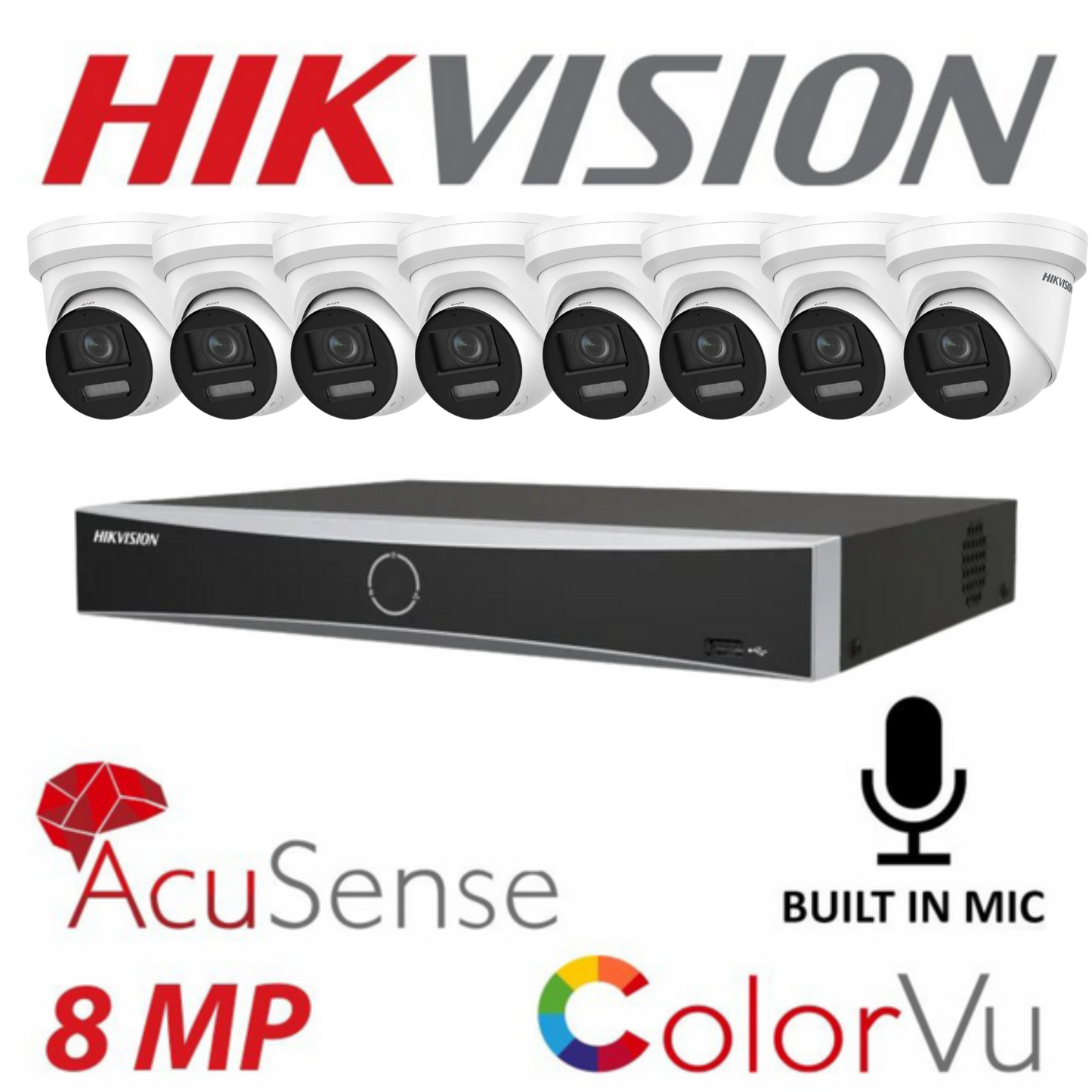 Hikvision CCTV kit, 8 x 8mp Colorvu Acusense IP POE and Audio cameras, 1 x 8 Channel POE NVR