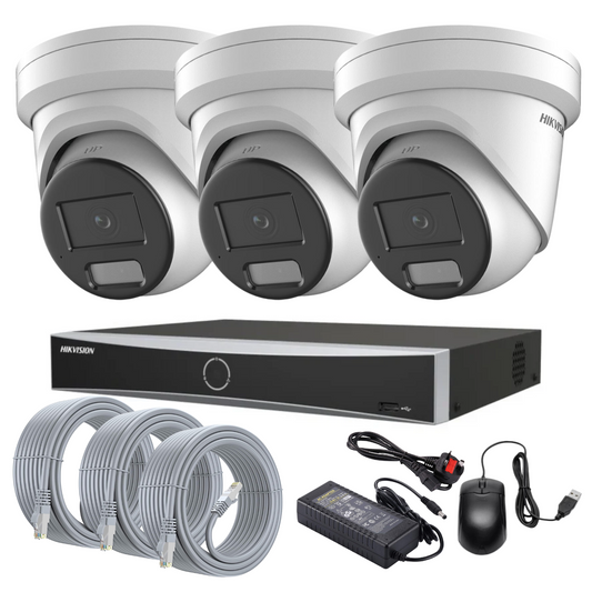 Hikvision CCTV Kit: 3x 8MP Smart Hybrid ColorVu AcuSense IP PoE Cameras with Audio + 4-Channel PoE NVR