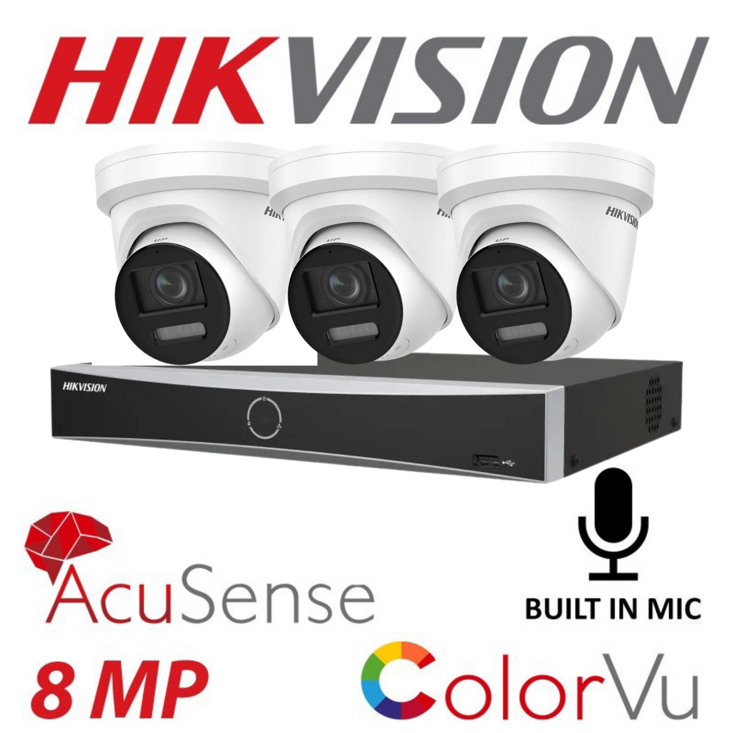 Hikvision CCTV kit, 3 x 8mp Smart Hybrid Colorvu Acusense IP POE and Audio cameras, 1 x 4 Channel POE NVR