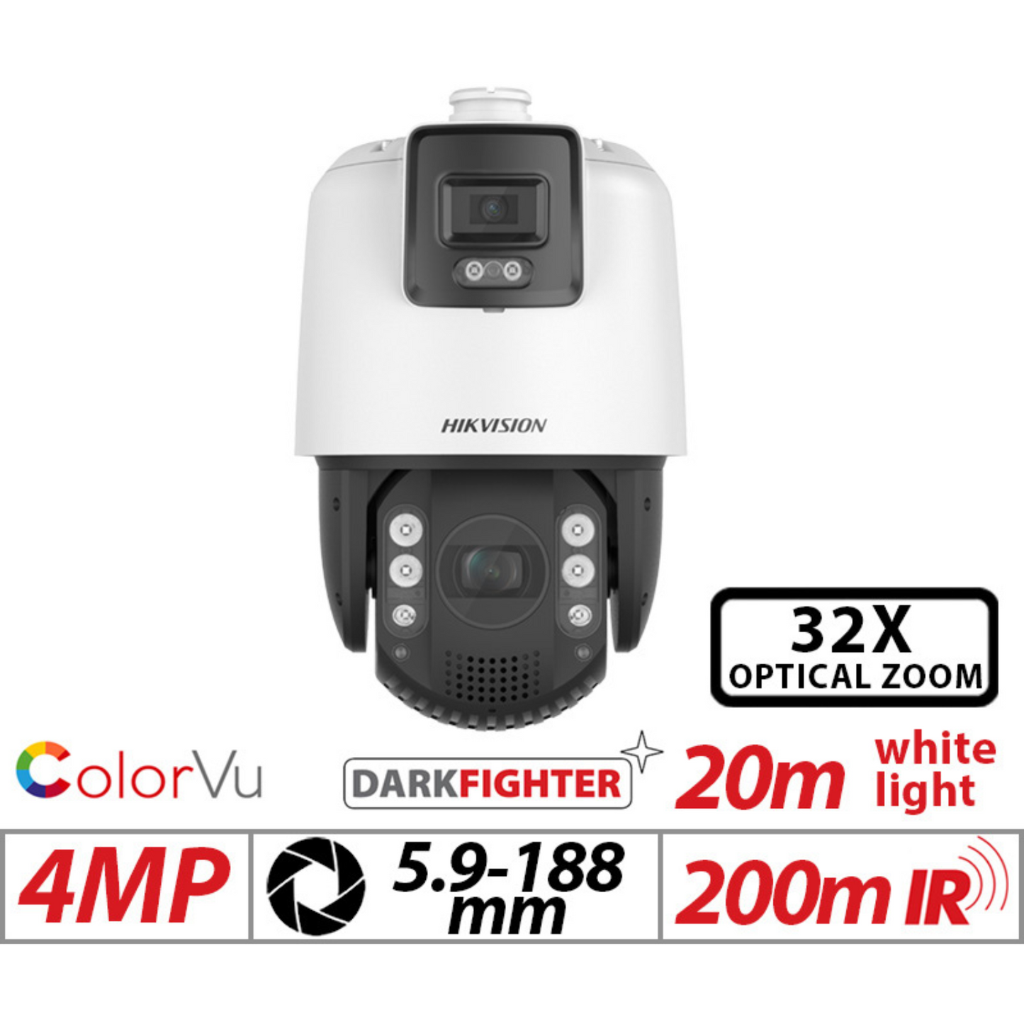 4mp Hikvision 7 inch Colorvu Tandemvu Darkfighter Network 32x PTZ Camera with Motorized Varifocal Zoom White 5.9-188.8mm DS-2SE7C432MW-AEB-14F1-P3