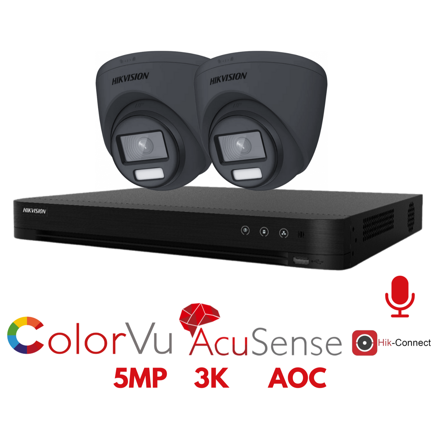 5mp 4ch Hikvision ColorVu Cctv Kit 2x 24hr Colour AOC DVR Camera Kit - Built In Microphones