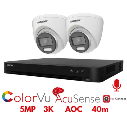 5mp 4ch Hikvision ColorVu Cctv Kit 2x 24hr Colour AOC DVR Camera Kit - Built In Microphones