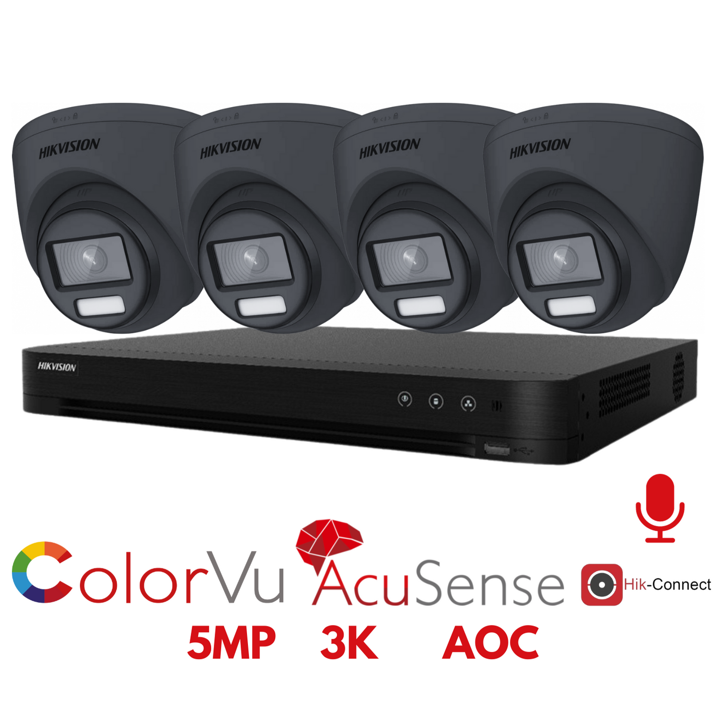 5mp 4ch Hikvision ColorVu Cctv Kit 4x 24hr Colour AOC DVR Camera Kit - Built in Microphones