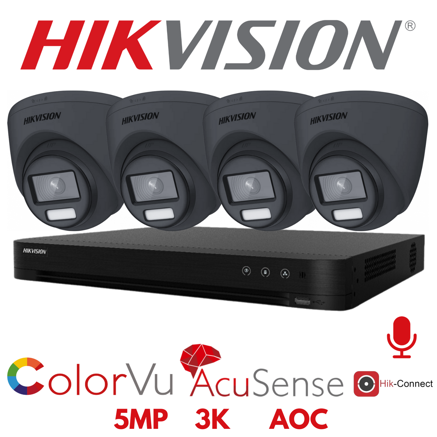 5mp 4ch Hikvision ColorVu Cctv Kit 4x 24hr Colour AOC DVR Camera Kit - Built in Microphones
