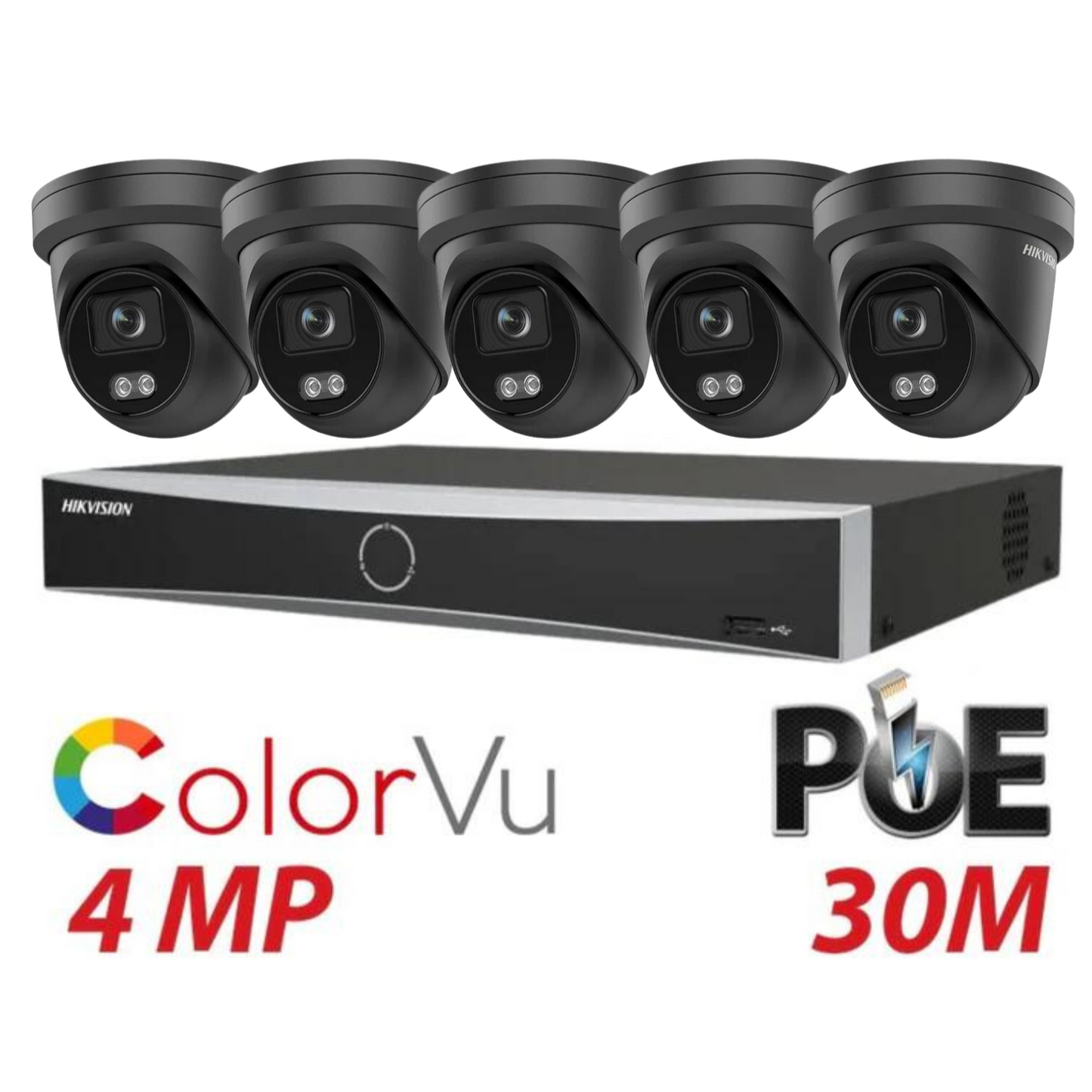 Hikvision CCTV kit, 5 x 4mp Smart Hybrid Colorvu IP Poe cameras with Audio, 1 x 8 Channel NVR