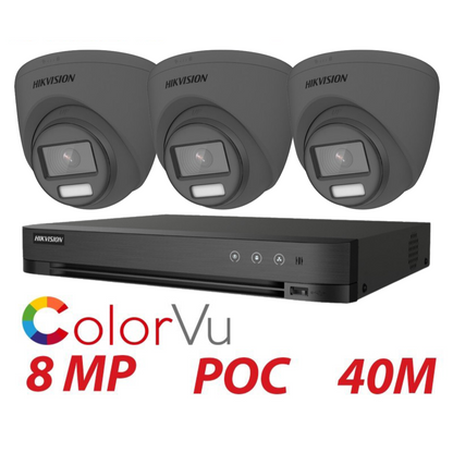 8MP 4-Channel Hikvision ColorVu System with 3x 24/7 Colour PoC Cameras - DVR Camera Kit