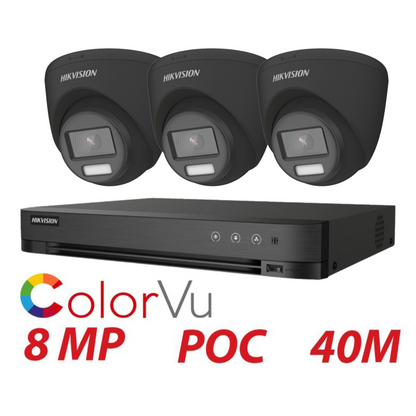 8MP 4-Channel Hikvision ColorVu System with 3x 24/7 Colour PoC Cameras - DVR Camera Kit