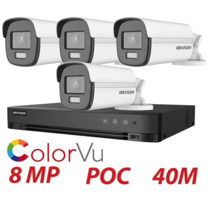8MP 4CH Hikvision ColorVu System 4X 24HR Color POC DVR Bullet Camera Kit