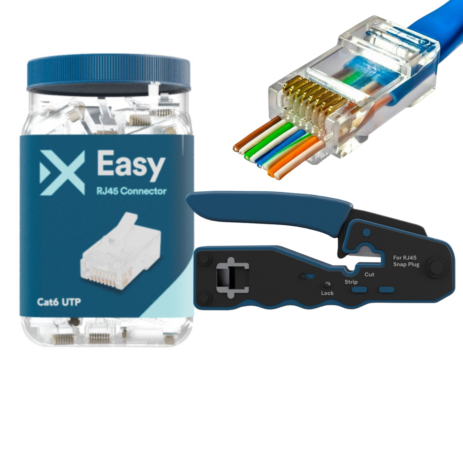 Connectix Easy Pass Through RJ45 Plugs + Easy RJ45 Crimp Tool Kit (100 ...