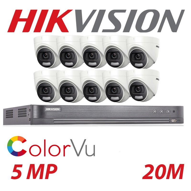 Hikvision CCTV kit, 10 x 5mp Colorvu Acusense cameras, 1 x 16 Channel DVR