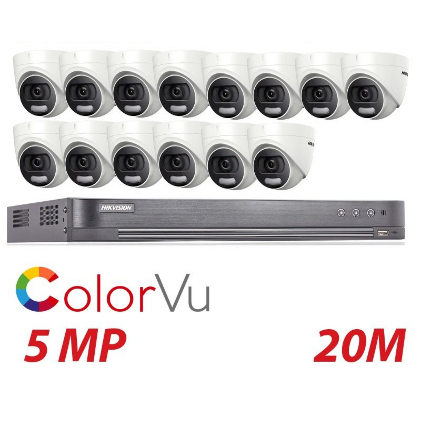 Hikvision CCTV kit, 14 x 5mp Colorvu Acusense cameras, 1 x 16 Channel DVR