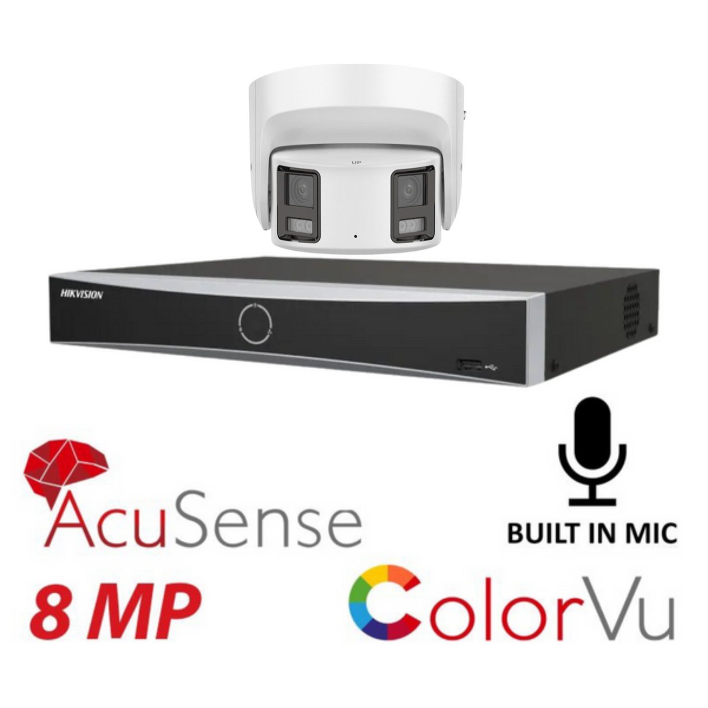 Hikvision CCTV kit, 1 x 8mp Panoramic Dual Camera, Colorvu, Acusense, IP POE and 2 way Audio cameras, 1 x 8 Channel POE NVR