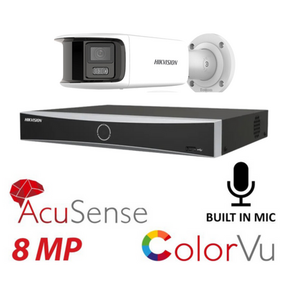 Hikvision CCTV kit, 1 x 8mp Panoramic Dual Camera, Colorvu, Acusense, IP POE and 2 way Audio cameras, 1 x 8 Channel POE NVR