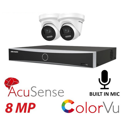 Hikvision CCTV kit, 2 x 8mp Colorvu Acusense IP POE and Audio cameras, 1 x 4 Channel POE NVR