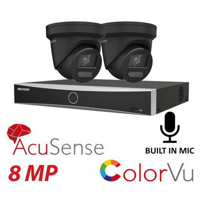 Hikvision CCTV kit, 2 x 8mp Colorvu Acusense IP POE and Audio cameras, 1 x 4 Channel POE NVR