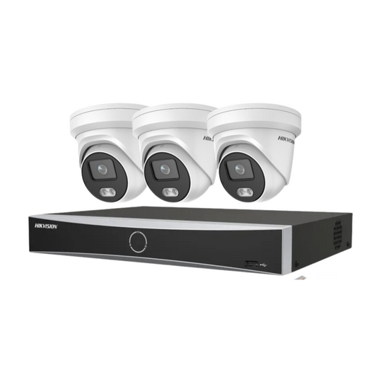 Hikvision CCTV kit, 3 x 4mp Smart Hybrid Colorvu IP Poe cameras with Audio, 1 x 4 Channel NVR