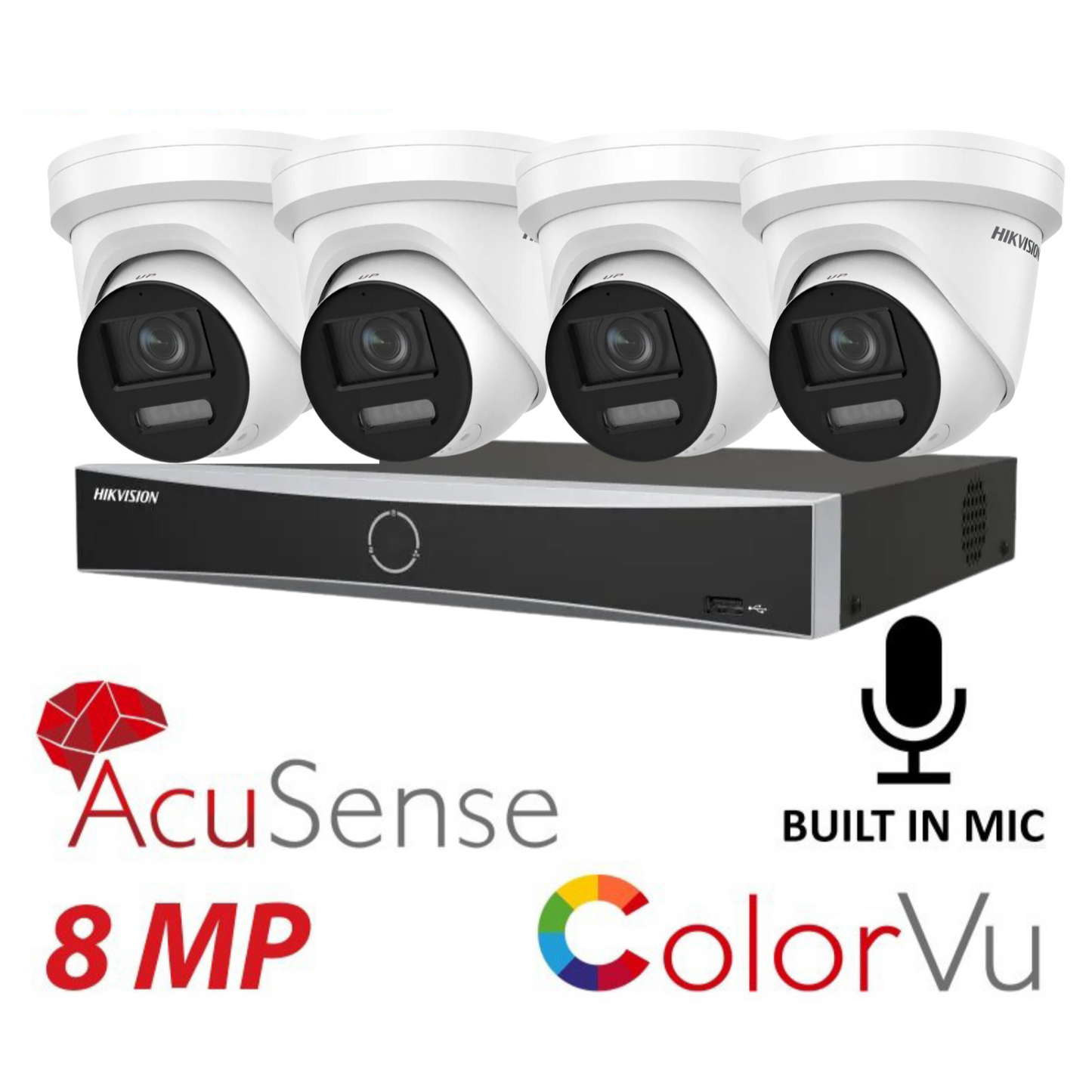 Hikvision CCTV kit, 4 x 8mp Smart Hybrid Colorvu Acusense IP POE and Audio cameras, 1 x 4 Channel POE NVR