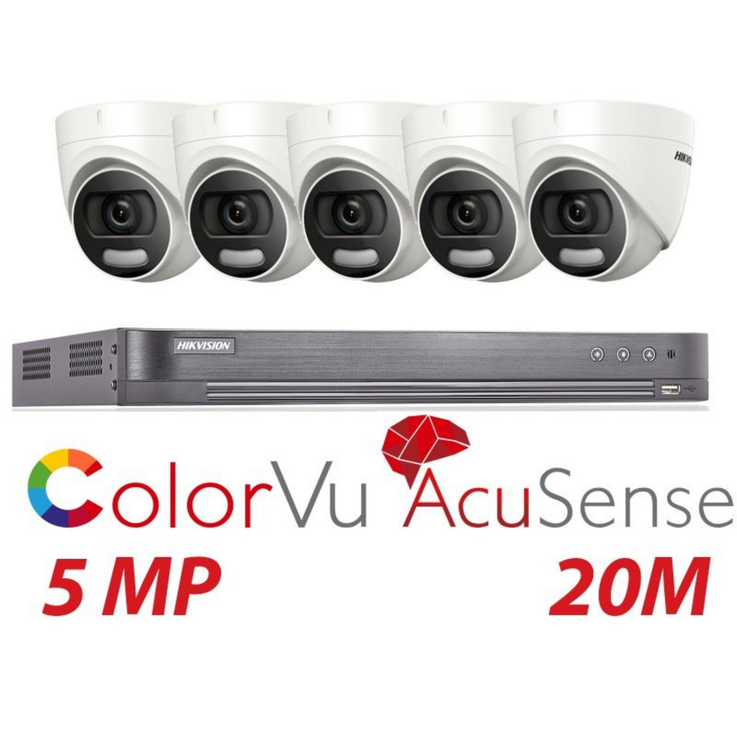 Hikvision CCTV kit, 5 x 5mp Colorvu Acusense cameras, 1 x 8 Channel DVR