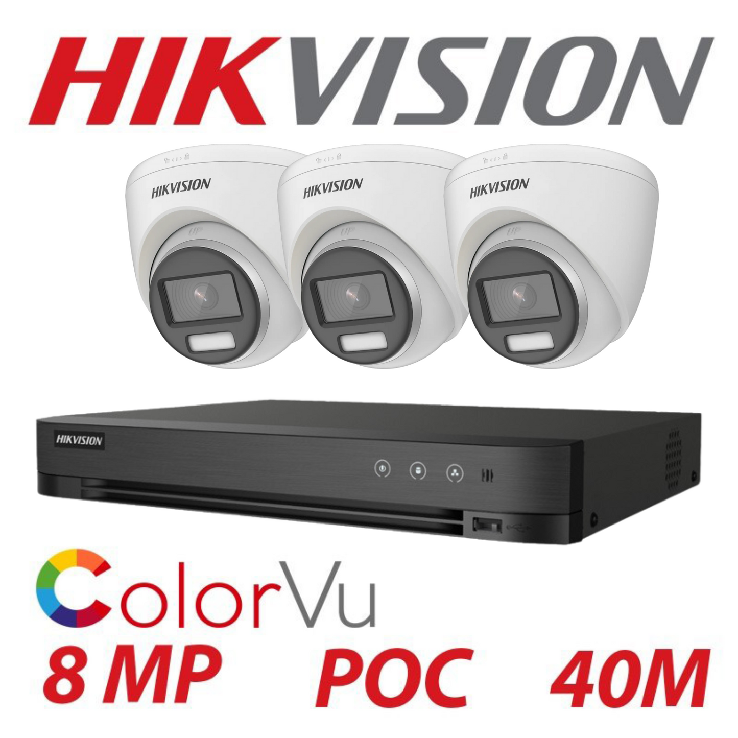 8MP 4-Channel Hikvision ColorVu System with 3x 24/7 Colour PoC Cameras - DVR Camera Kit
