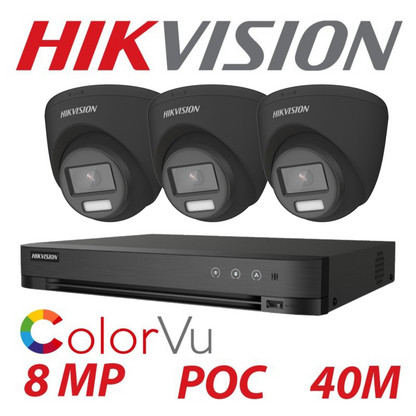 8MP 4-Channel Hikvision ColorVu System with 3x 24/7 Colour PoC Cameras - DVR Camera Kit