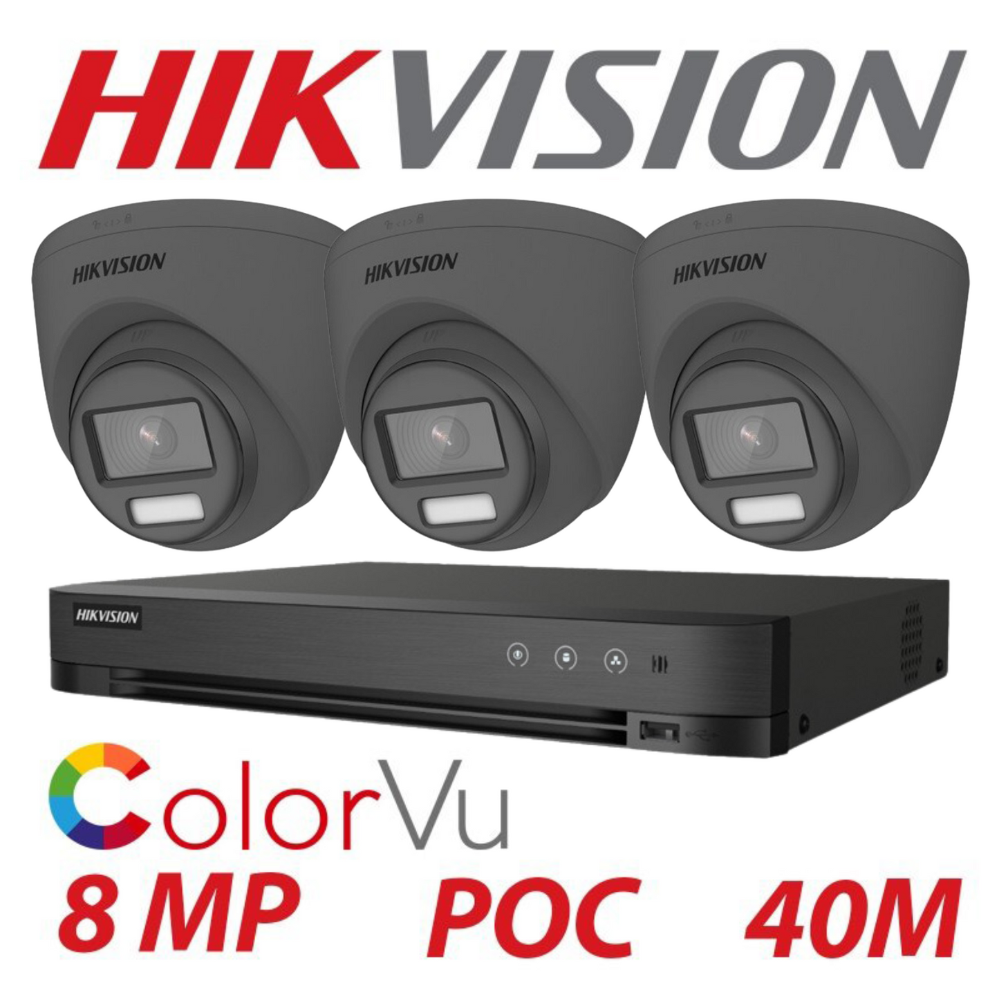 8MP 4-Channel Hikvision ColorVu System with 3x 24/7 Colour PoC Cameras - DVR Camera Kit