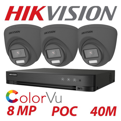 8MP 4-Channel Hikvision ColorVu System with 3x 24/7 Colour PoC Cameras - DVR Camera Kit