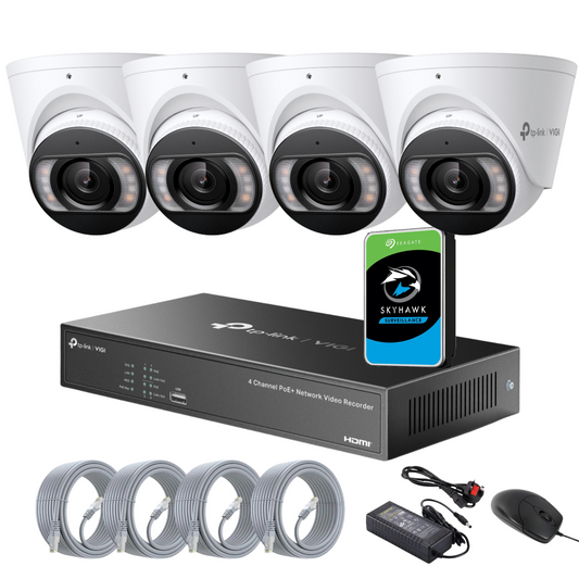 TP-Link VIGI CCTV Camera Kit IP (4-Camera 8MP 4K) | Full-Colour Night Vision, Two-Way Audio, 4-Channel PoE NVR 4TB SkyHawk HDD