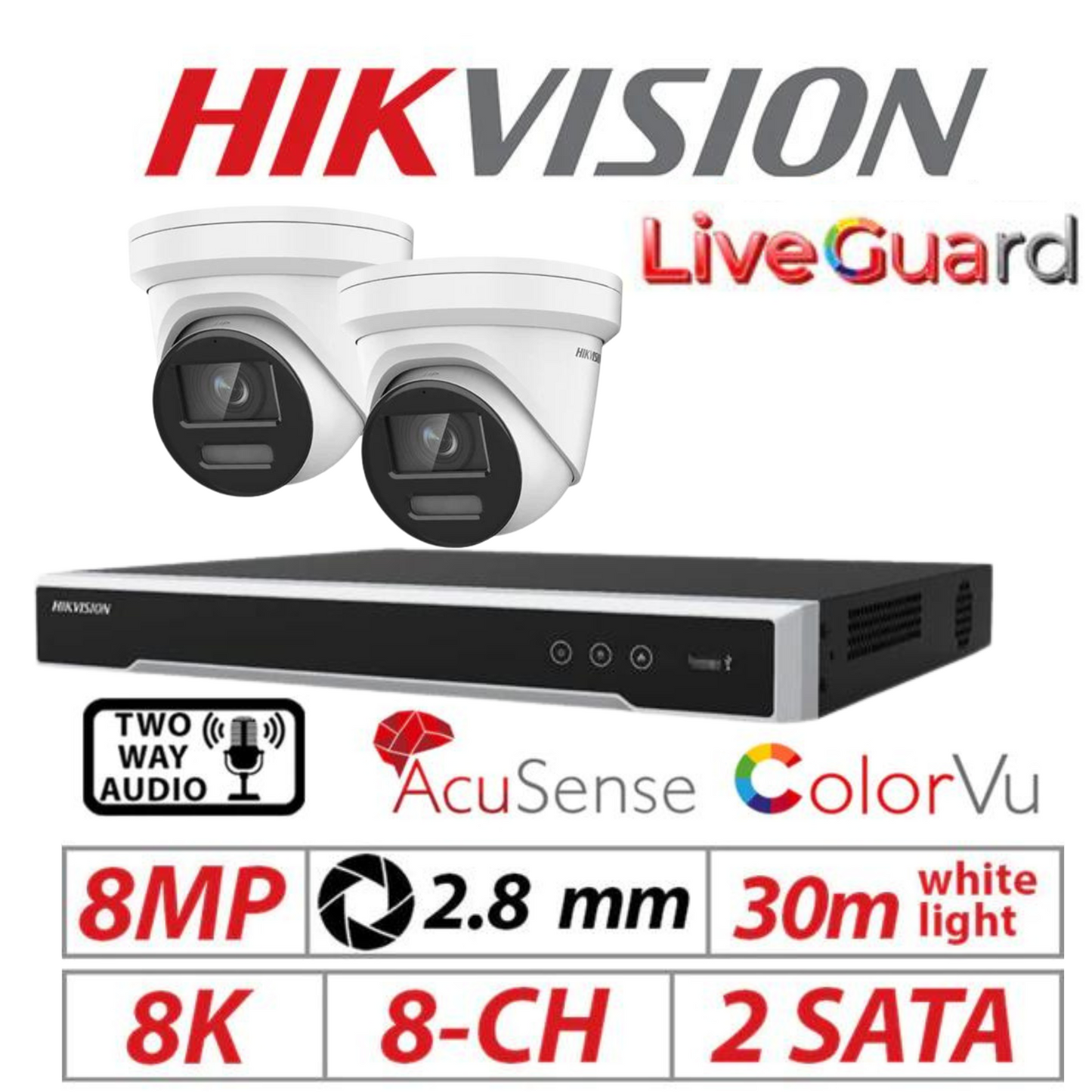 Hikvision CCTV kit, 2 x 8mp Live Guard Colorvu Acusense IP POE and 2 way Audio cameras, 1 x 8 Channel POE NVR