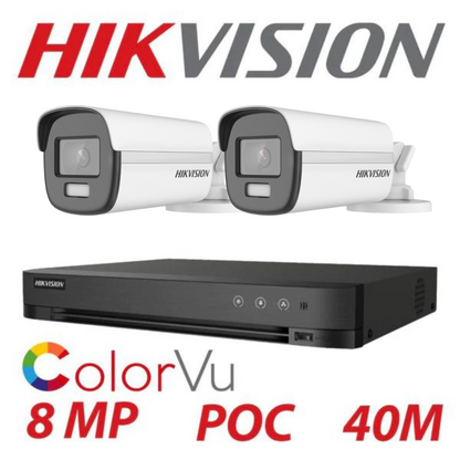 8MP 4CH Hikvision ColorVu System 2X 24HR Color POC DVR Bullet Camera Kit