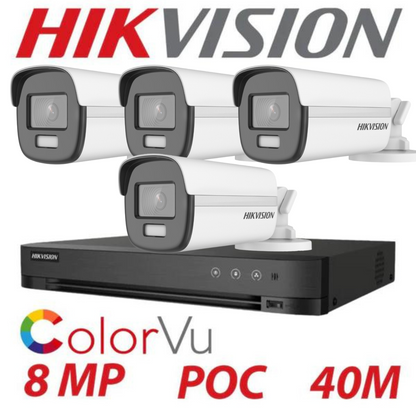 8MP 4CH Hikvision ColorVu System 4X 24HR Color POC DVR Bullet Camera Kit