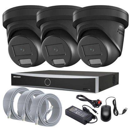 Hikvision CCTV Kit: 3x 8MP Smart Hybrid ColorVu AcuSense IP PoE Cameras with Audio + 4-Channel PoE NVR