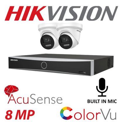 Hikvision CCTV kit, 2 x 8mp Colorvu Acusense IP POE and Audio cameras, 1 x 4 Channel POE NVR