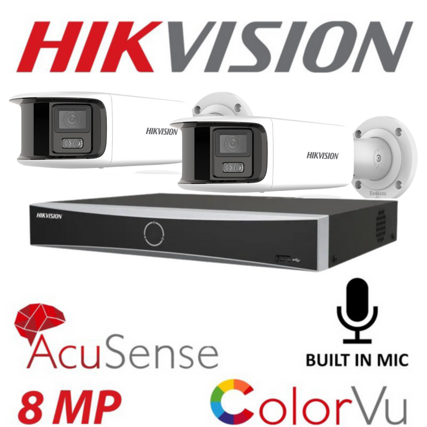 Hikvision CCTV kit, 2 x 8mp Panoramic Dual Camera, Colorvu, Acusense, IP POE and 2 way Audio cameras, 1 x 8 Channel POE NVR