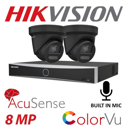 Hikvision CCTV kit, 2 x 8mp Colorvu Acusense IP POE and Audio cameras, 1 x 4 Channel POE NVR